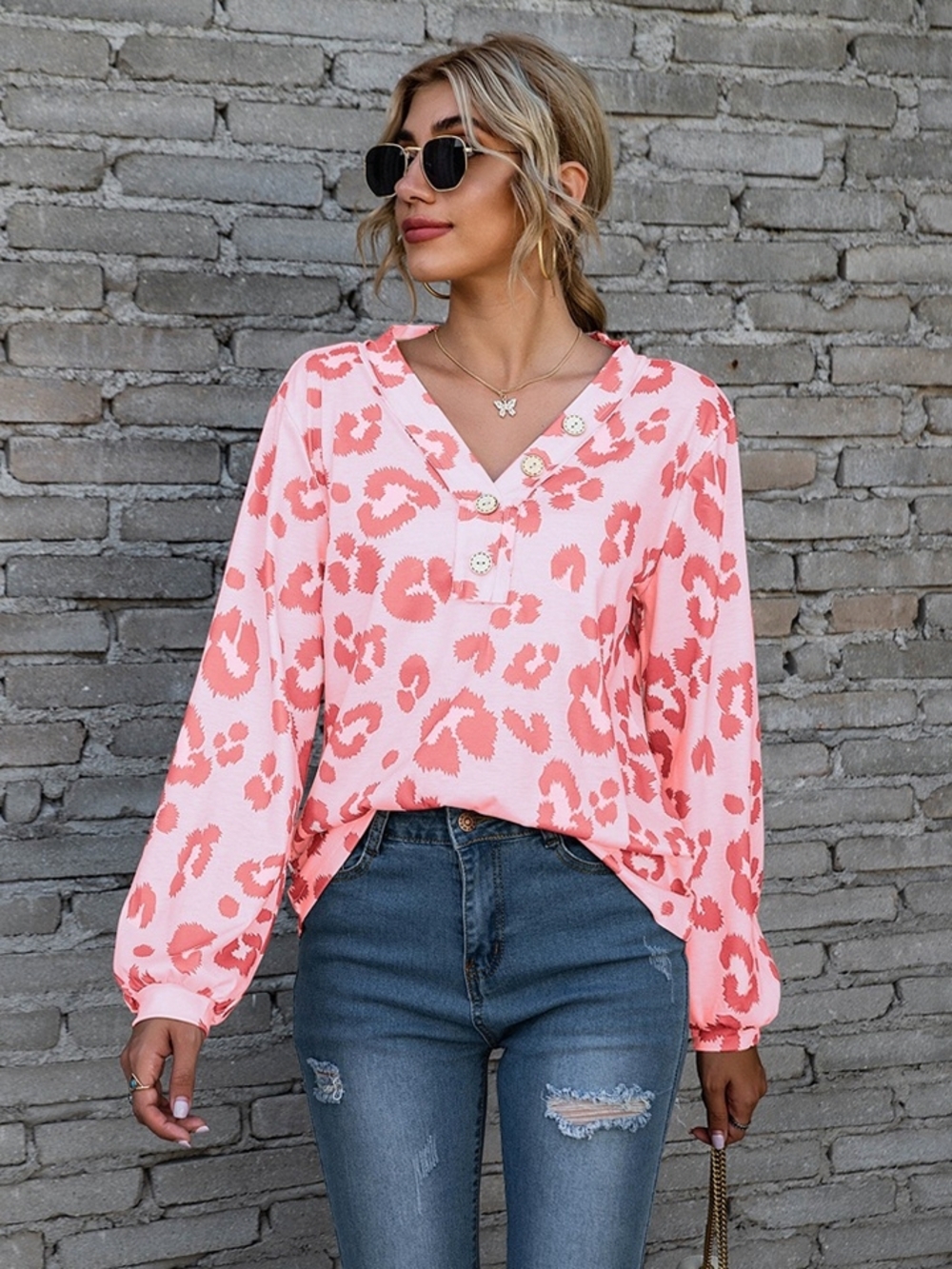 Women’s Pink Leopard Print V-Neck Button Blouse